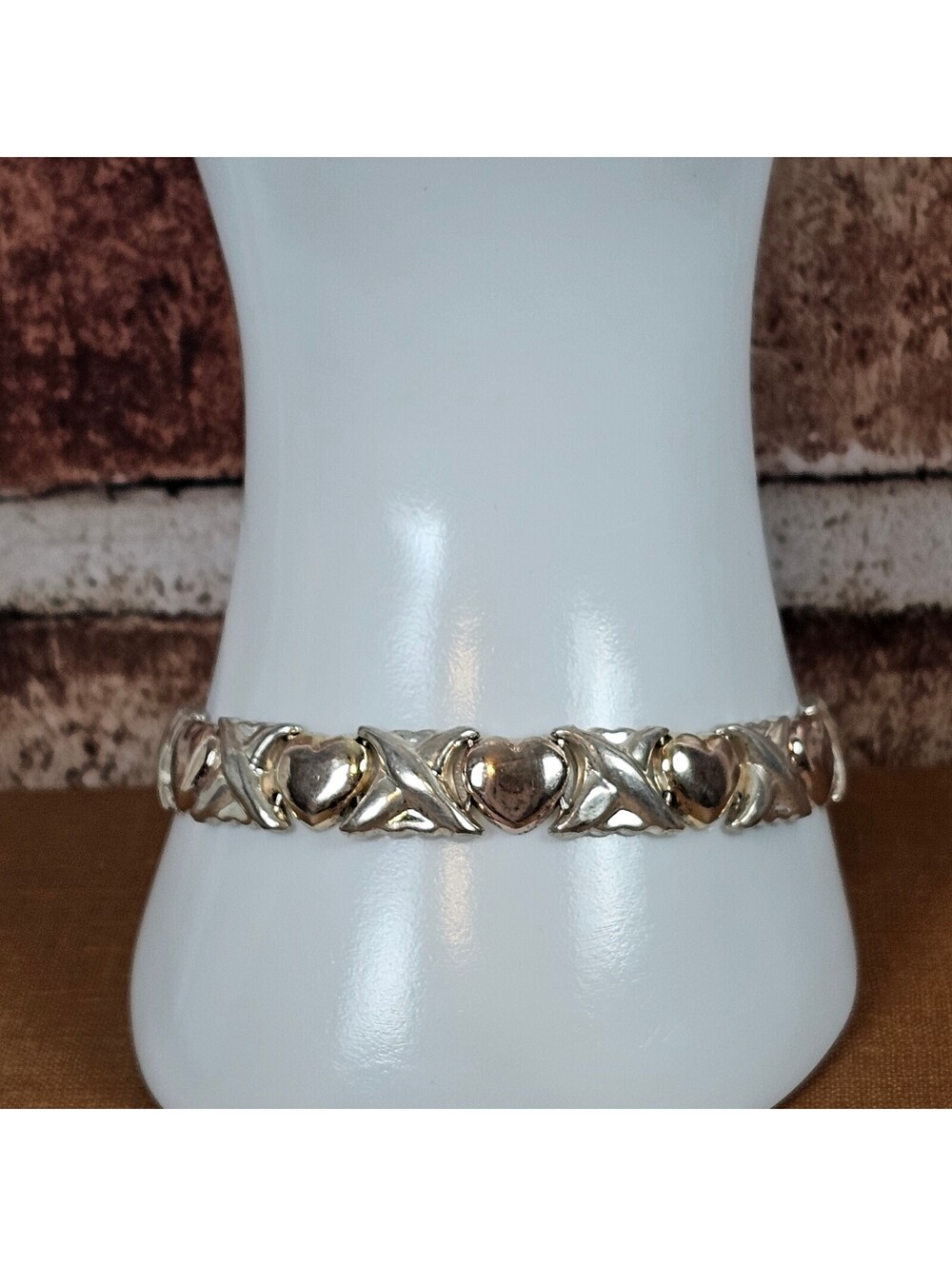 Italy IBB 925 Sterling Silver & Gold Tone Heart Link Bracelet 7.25" 10mm